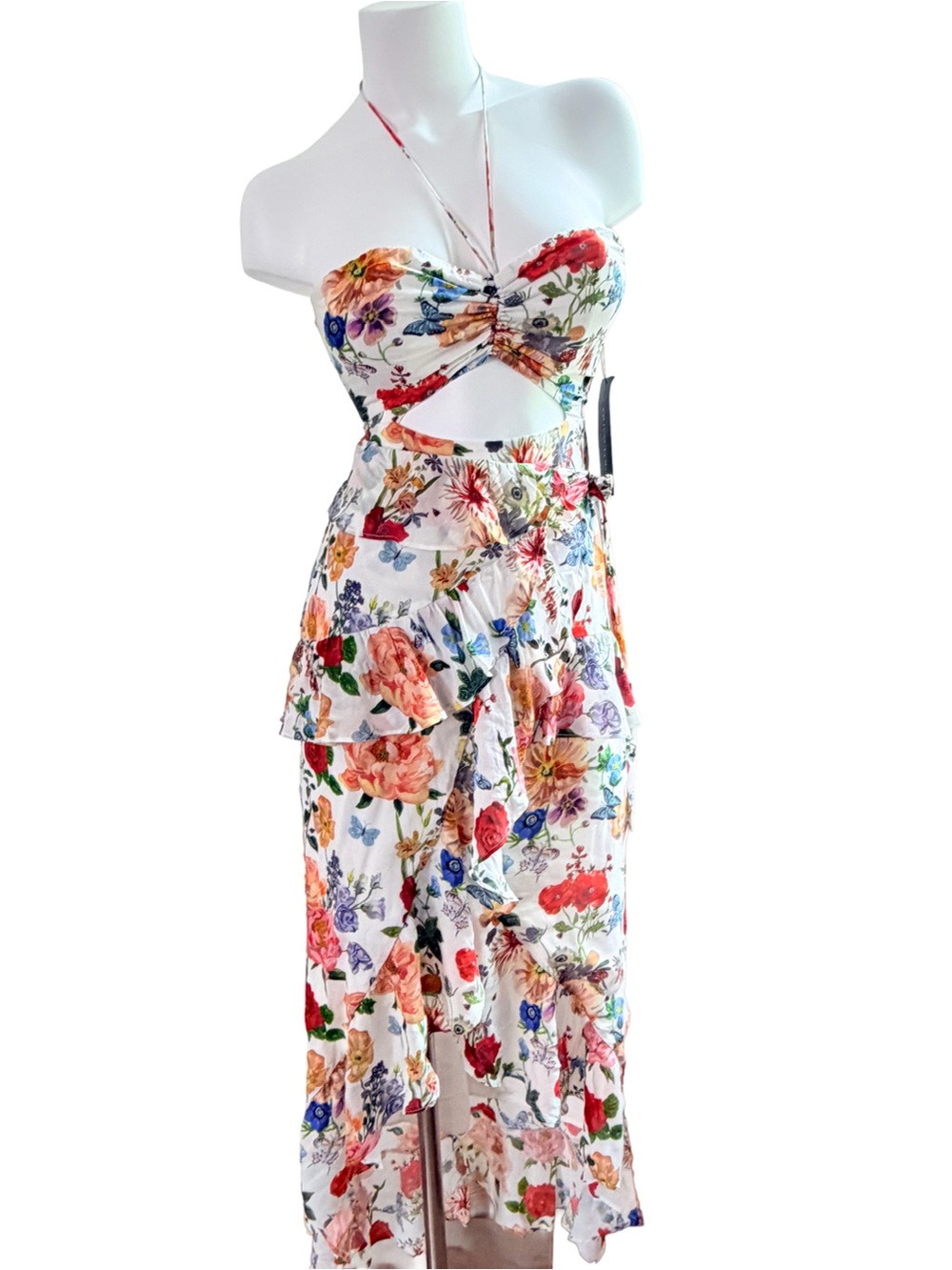 Floral Tiered High-Low long dress bandeau Halter women small garden spring gala